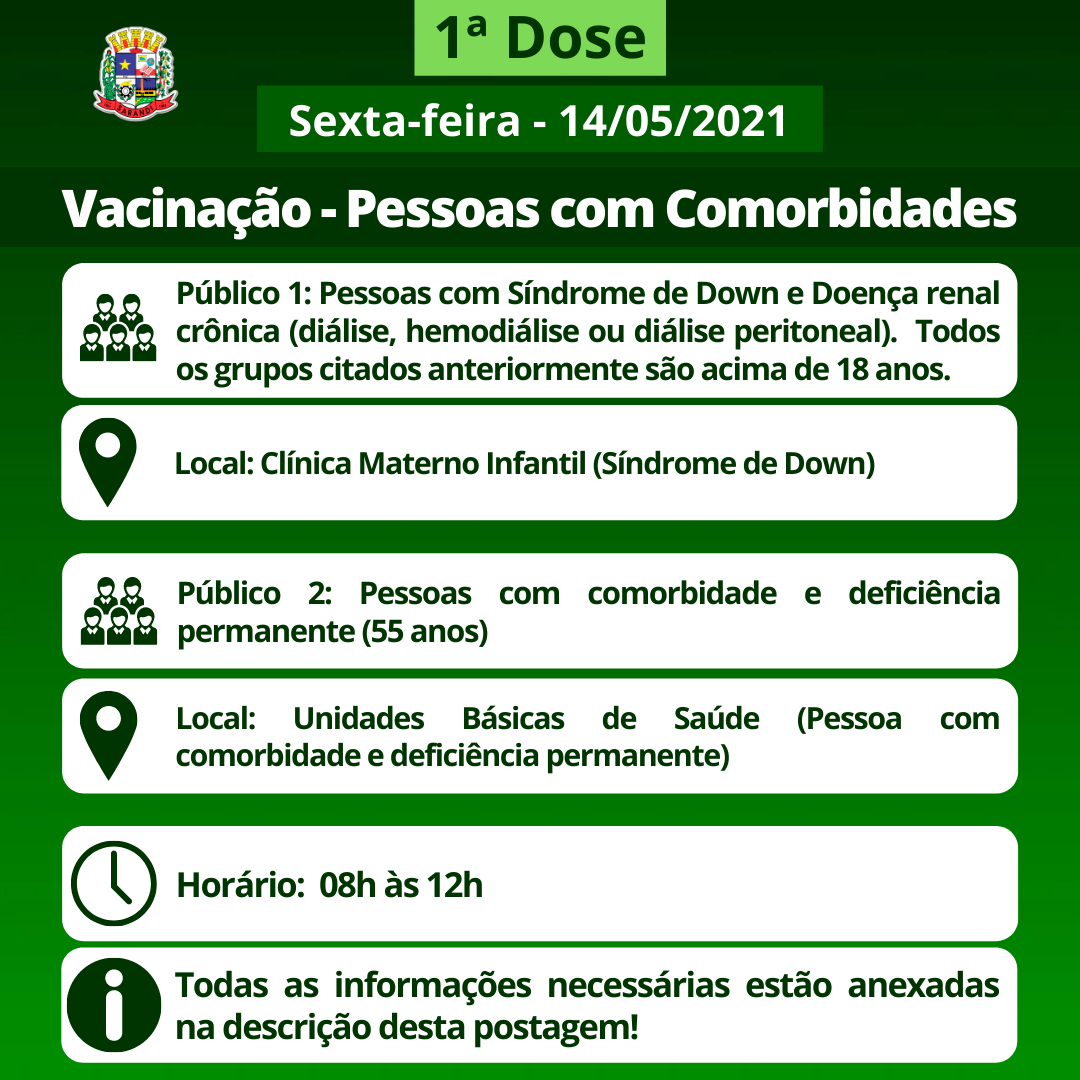 Cronograma de Vacinação contra Covid-19 (Comorbidades) - Sexta-feira - 14/05/2021